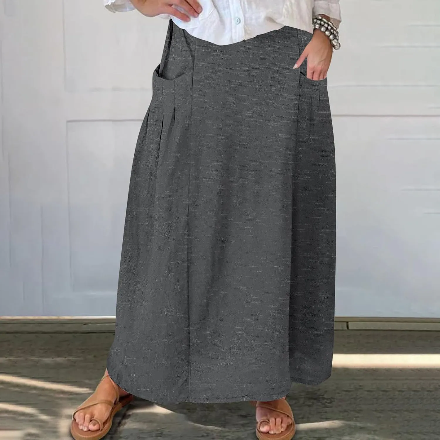 Womens High Waist Maxi Skirts Casual Loose Fit Flowy Swing Pleated A Line Long Skirts Solid Color Skirts with Pocket