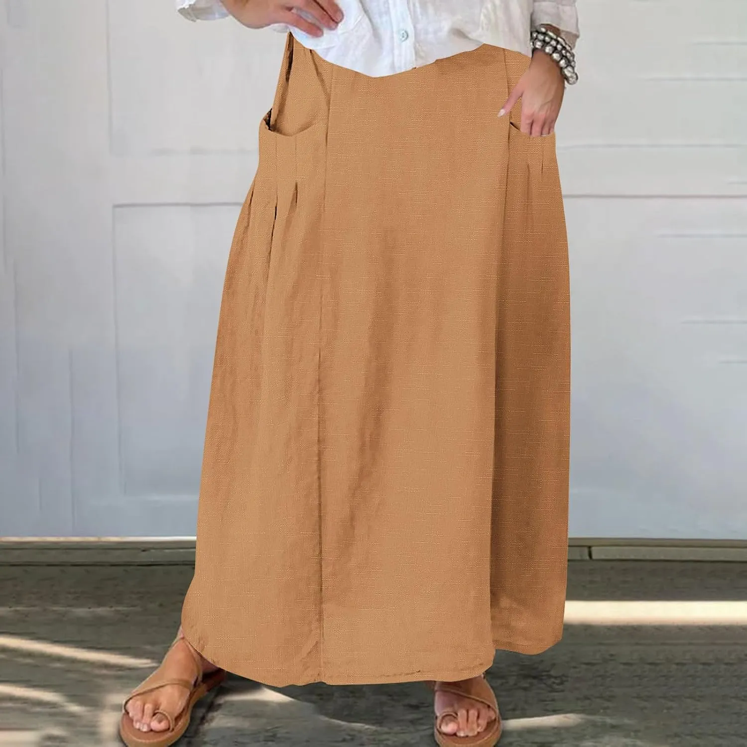 Womens High Waist Maxi Skirts Casual Loose Fit Flowy Swing Pleated A Line Long Skirts Solid Color Skirts with Pocket