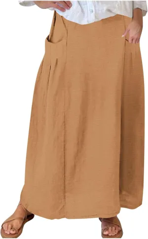 Womens High Waist Maxi Skirts Casual Loose Fit Flowy Swing Pleated A Line Long Skirts Solid Color Skirts with Pocket