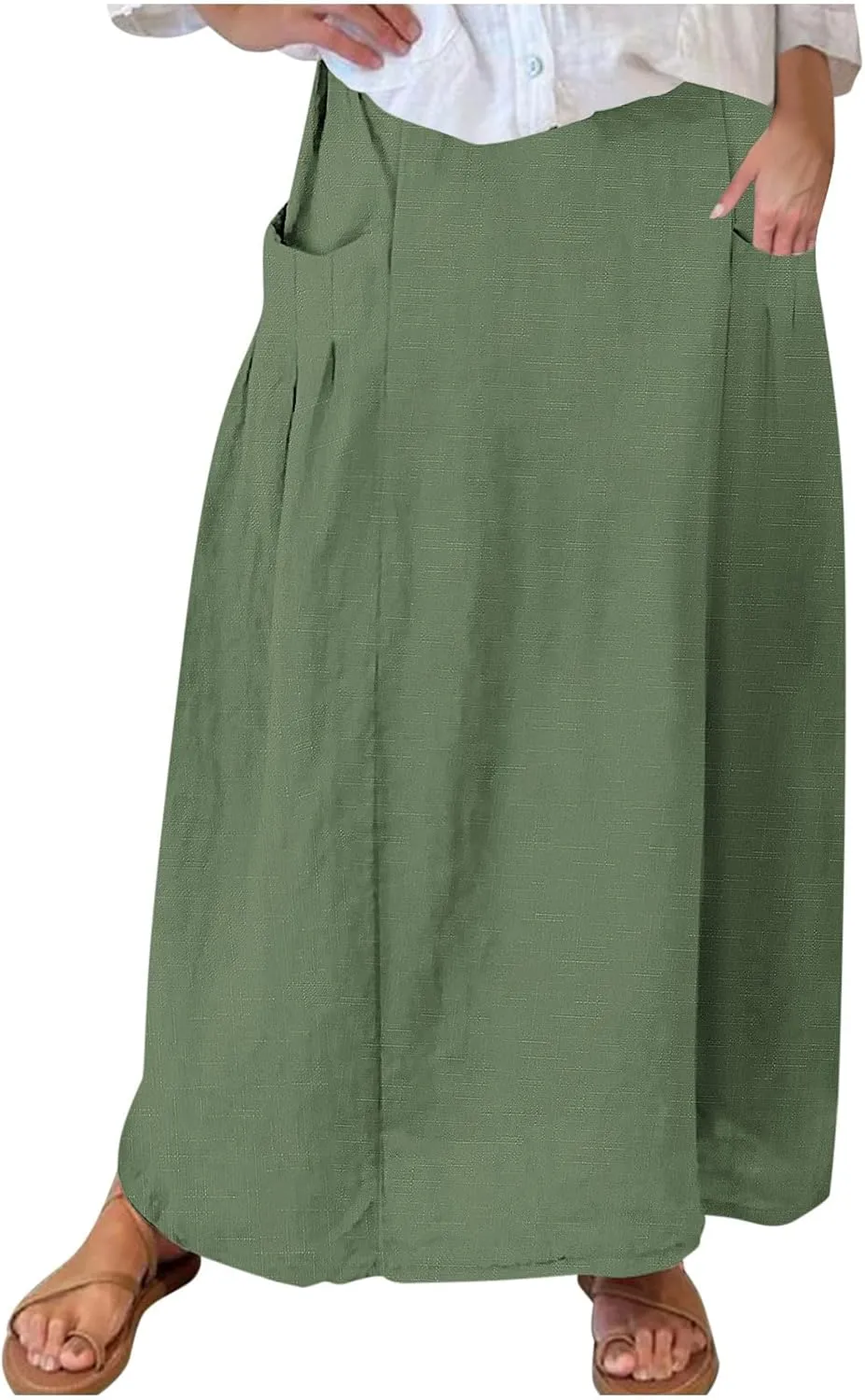 Womens High Waist Maxi Skirts Casual Loose Fit Flowy Swing Pleated A Line Long Skirts Solid Color Skirts with Pocket