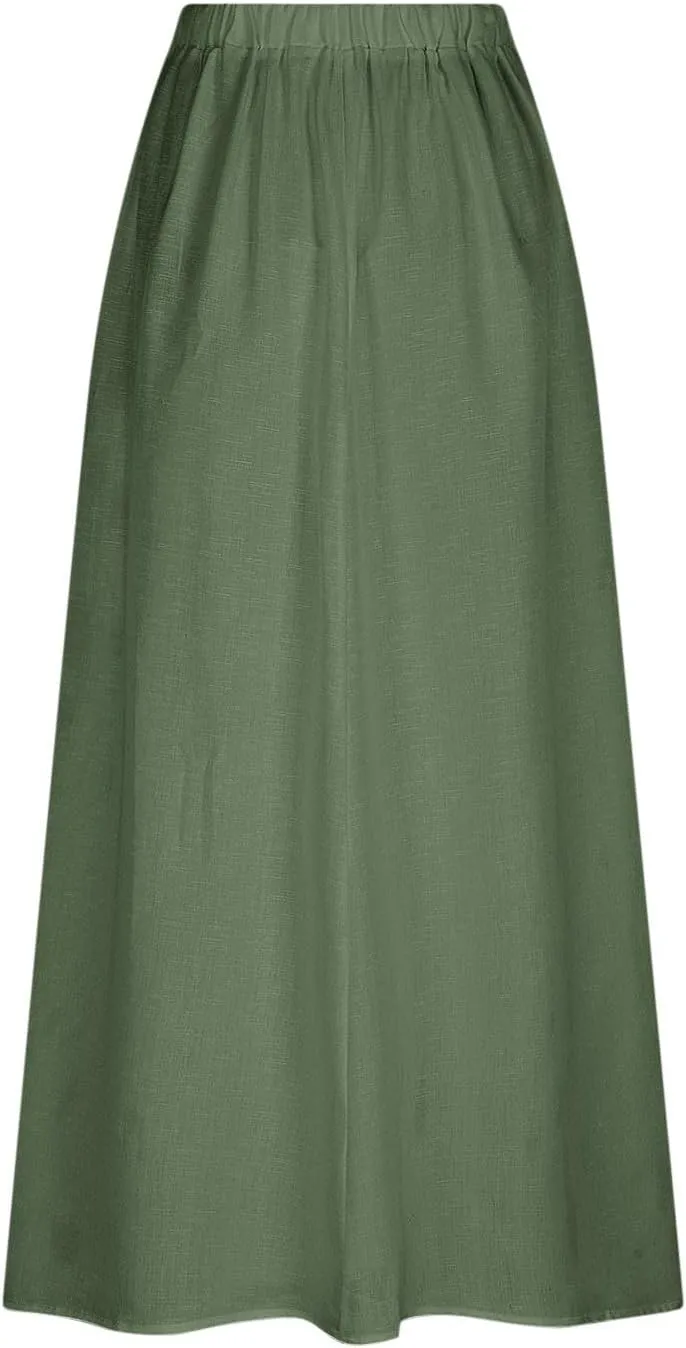 Womens High Waist Maxi Skirts Casual Loose Fit Flowy Swing Pleated A Line Long Skirts Solid Color Skirts with Pocket