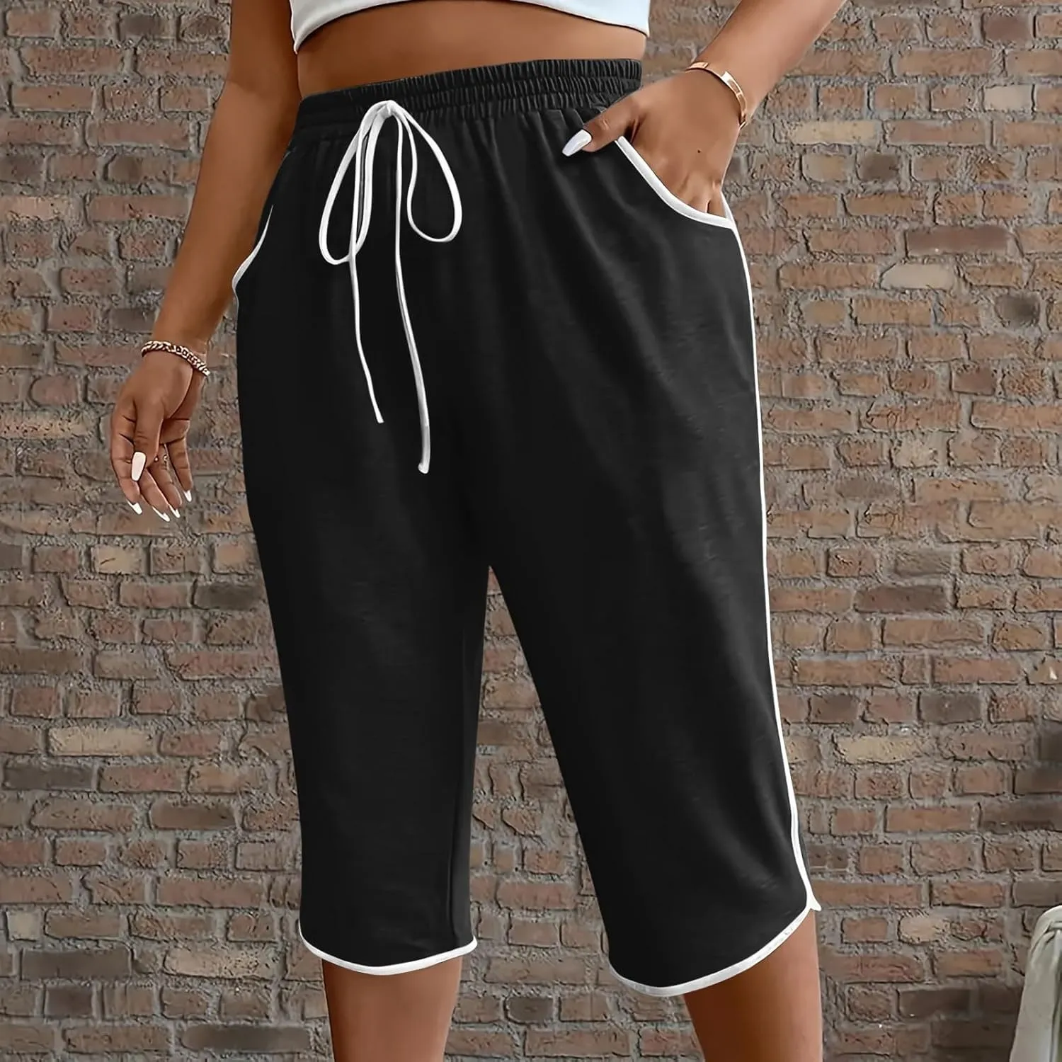 Womens Jogging Capris Stretch Waist Drawstring Pants with Pockets Straight Leg Casual Comfy Athletic Trousers