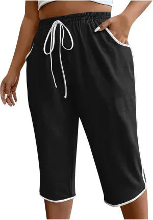 Womens Jogging Capris Stretch Waist Drawstring Pants with Pockets Straight Leg Casual Comfy Athletic Trousers