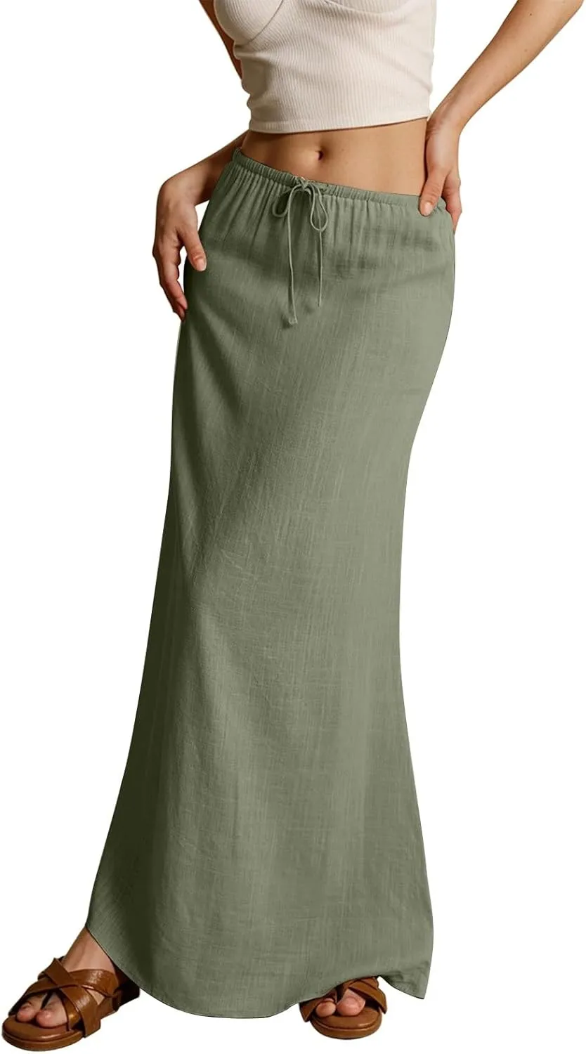 Womens Linen Maxi Skirt Drawstring High Waisted Summer Long Skirts Lightweight Tiered Flowy Skirts