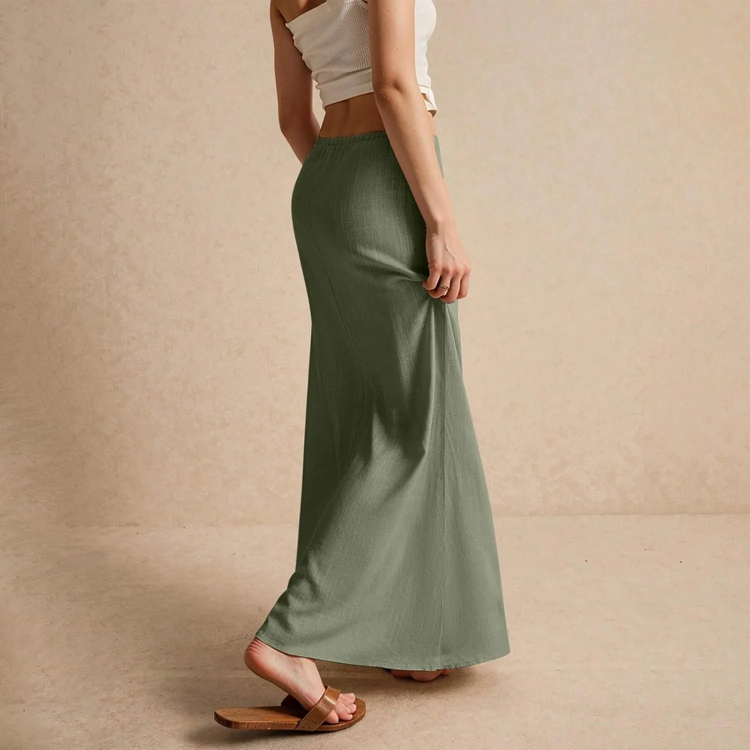Womens Linen Maxi Skirt Drawstring High Waisted Summer Long Skirts Lightweight Tiered Flowy Skirts