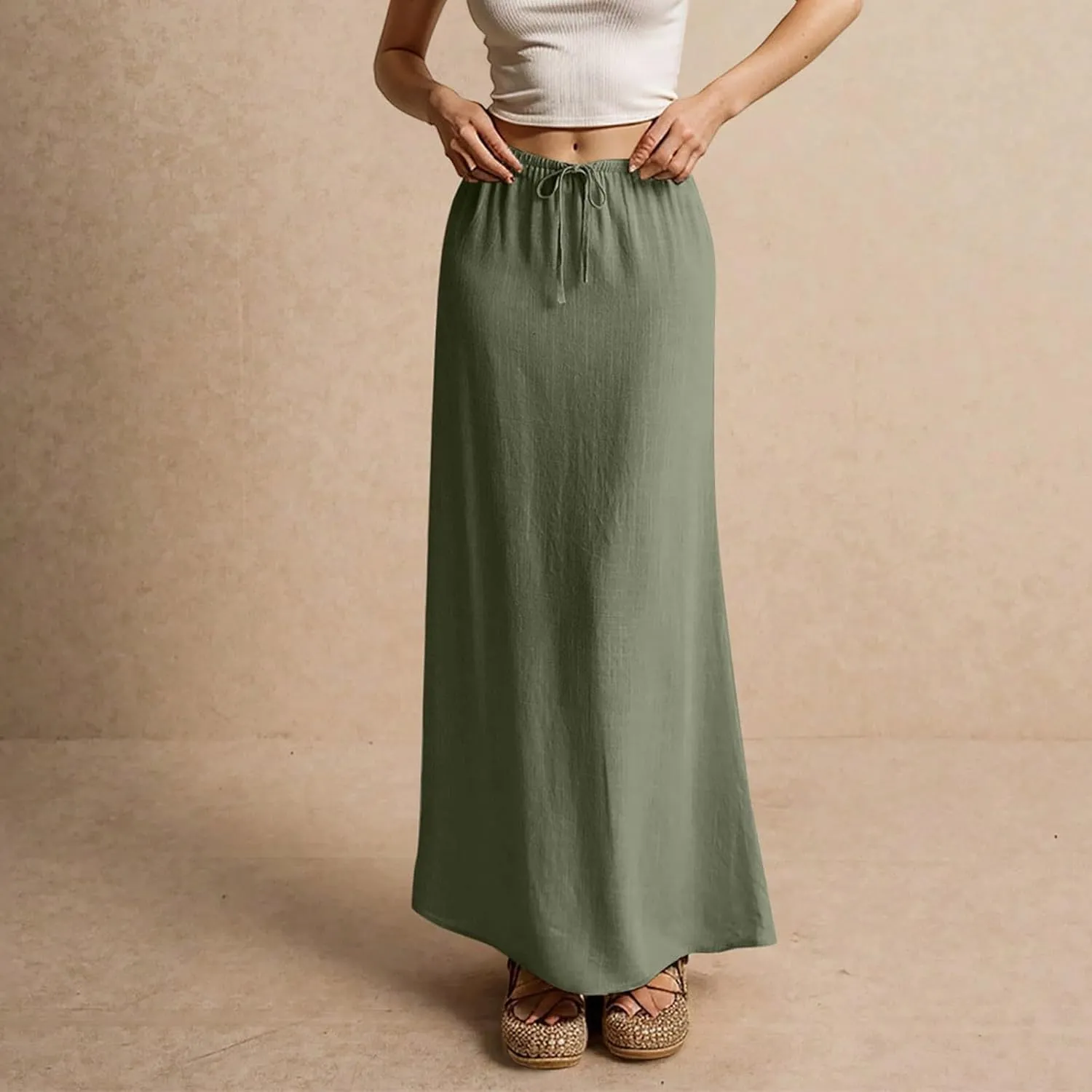 Womens Linen Maxi Skirt Elastic High Waist Swing Tiered A-line Flowy Pleated Beach Vacation Long Skirts