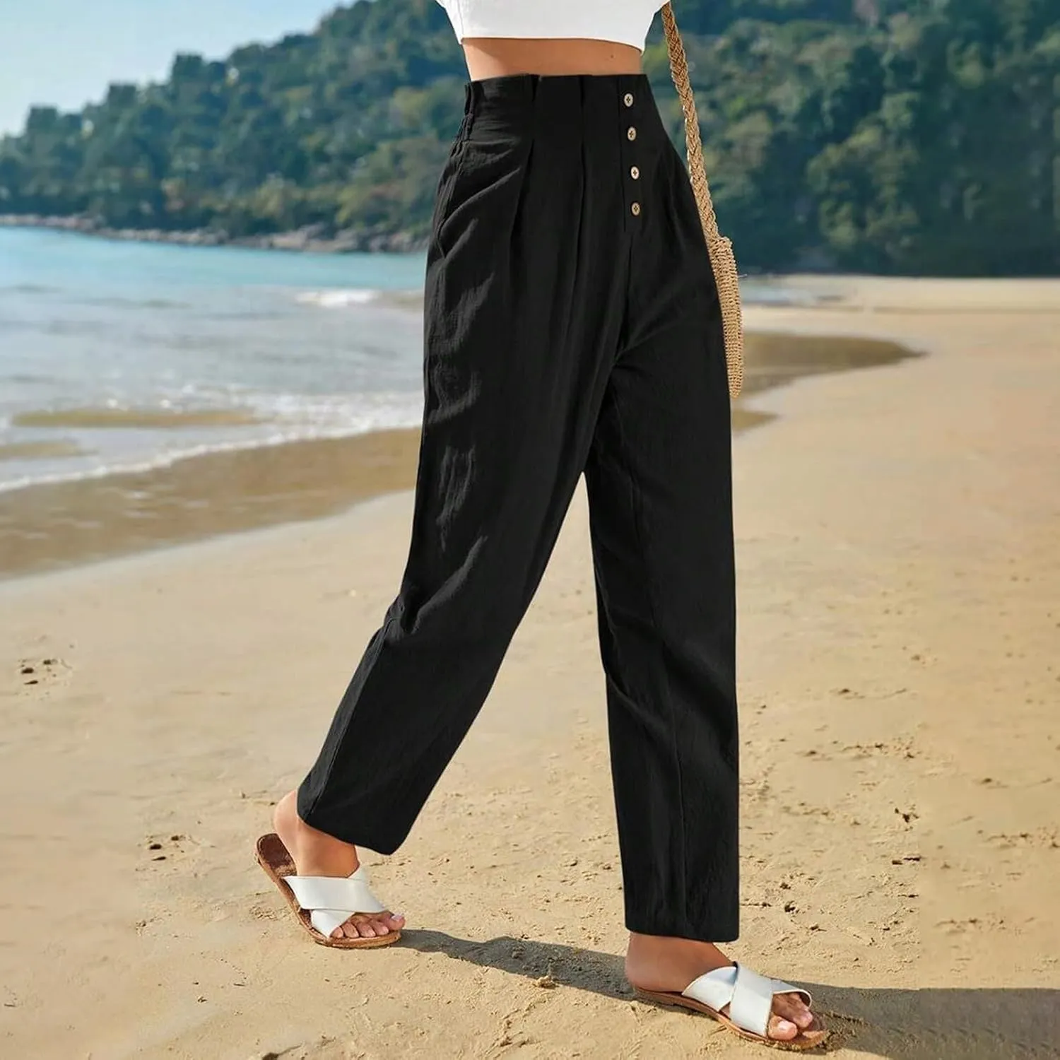 Womens Linen Pants Summer High Waisted Work Pants Trousers Lightweight Paperbag Elastic Waist Pants with Pockets