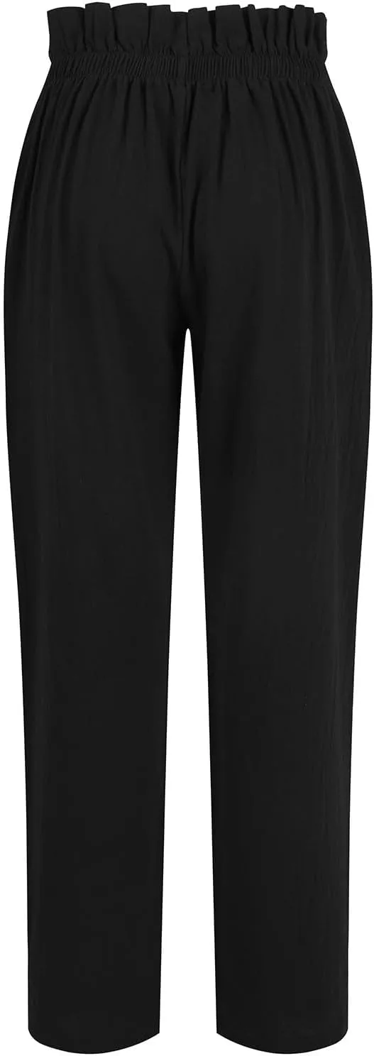 Womens Linen Pants Summer High Waisted Work Pants Trousers Lightweight Paperbag Elastic Waist Pants with Pockets