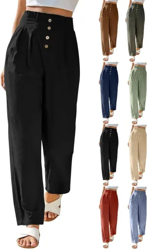 Womens Linen Pants Summer High Waisted Work Pants Trousers Lightweight Paperbag Elastic Waist Pants with Pockets