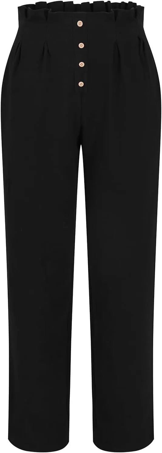 Womens Linen Pants Summer High Waisted Work Pants Trousers Lightweight Paperbag Elastic Waist Pants with Pockets