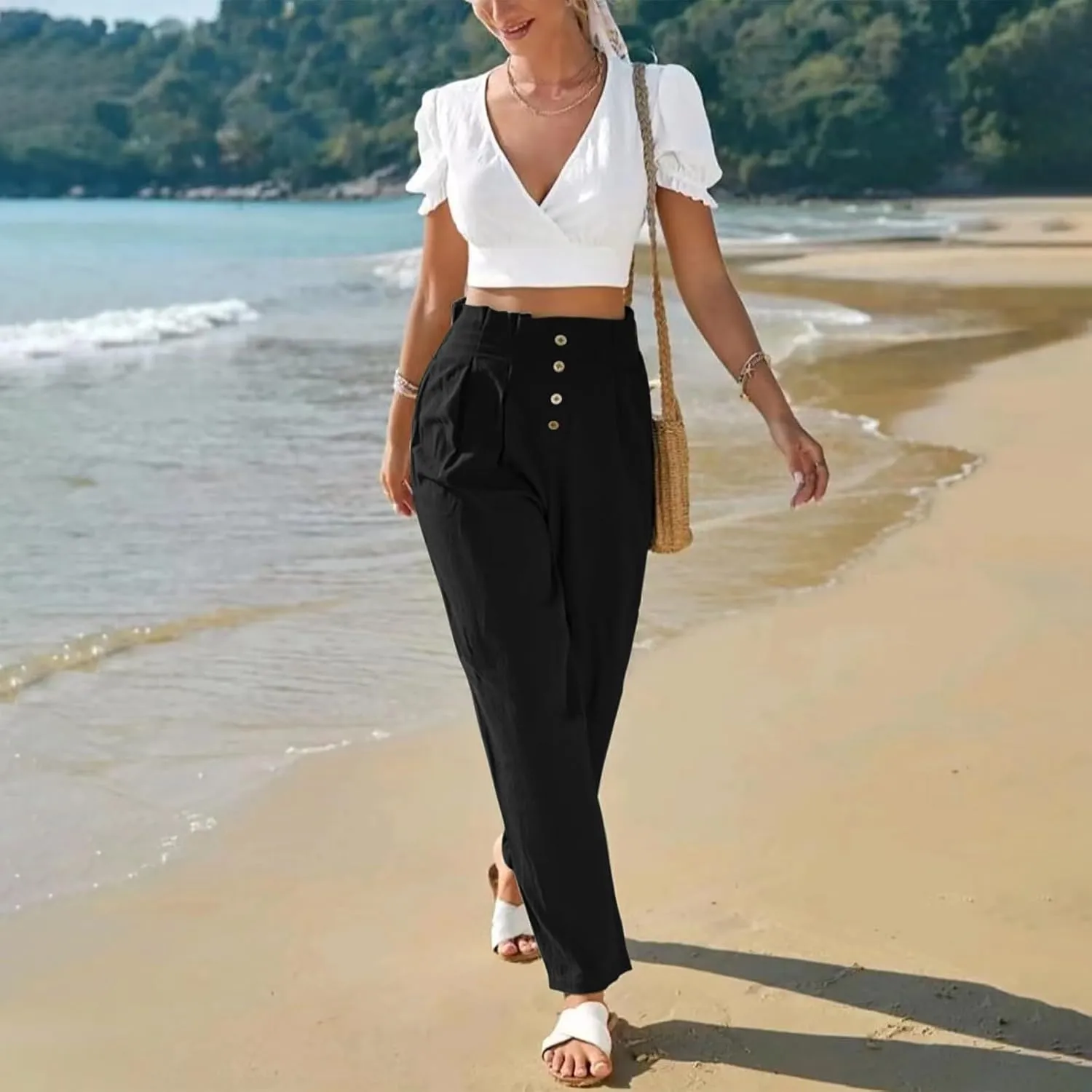 Womens Linen Pants Summer High Waisted Work Pants Trousers Lightweight Paperbag Elastic Waist Pants with Pockets