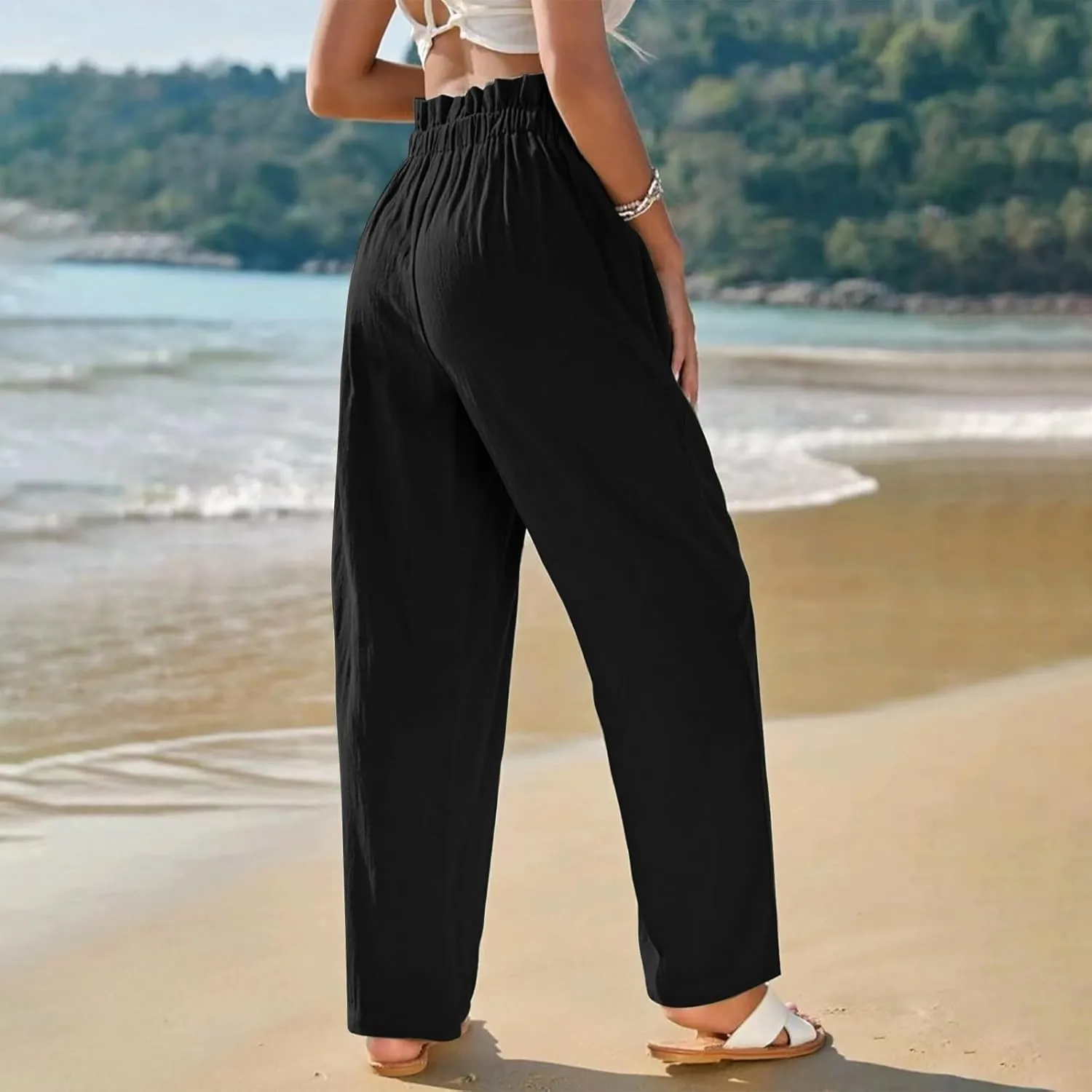 Womens Linen Pants Summer High Waisted Work Pants Trousers Lightweight Paperbag Elastic Waist Pants with Pockets