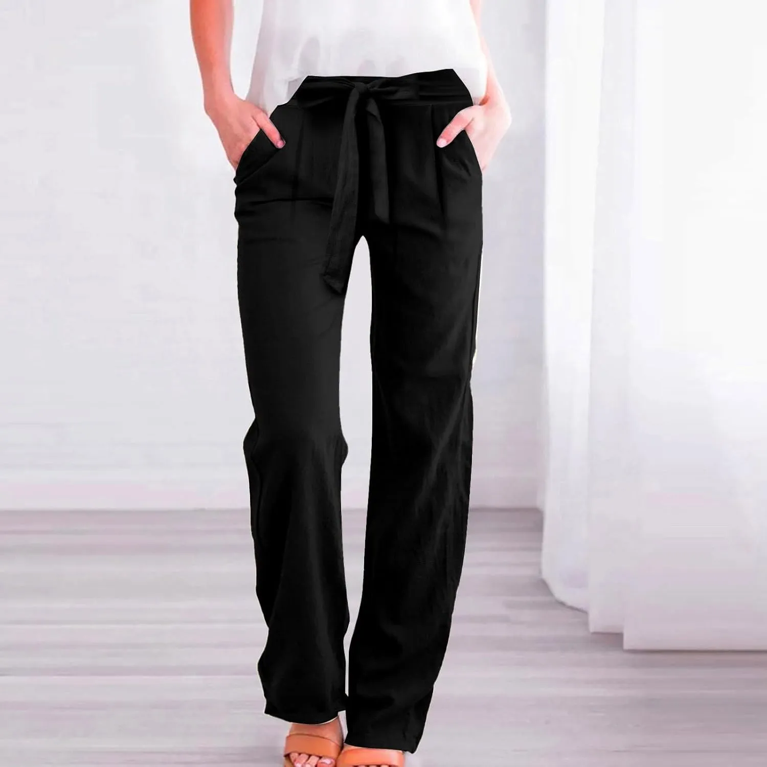 Womens Linen Pants Summer High Waisted Work Pants Trousers Lightweight Paperbag Elastic Waist Pants with Pockets