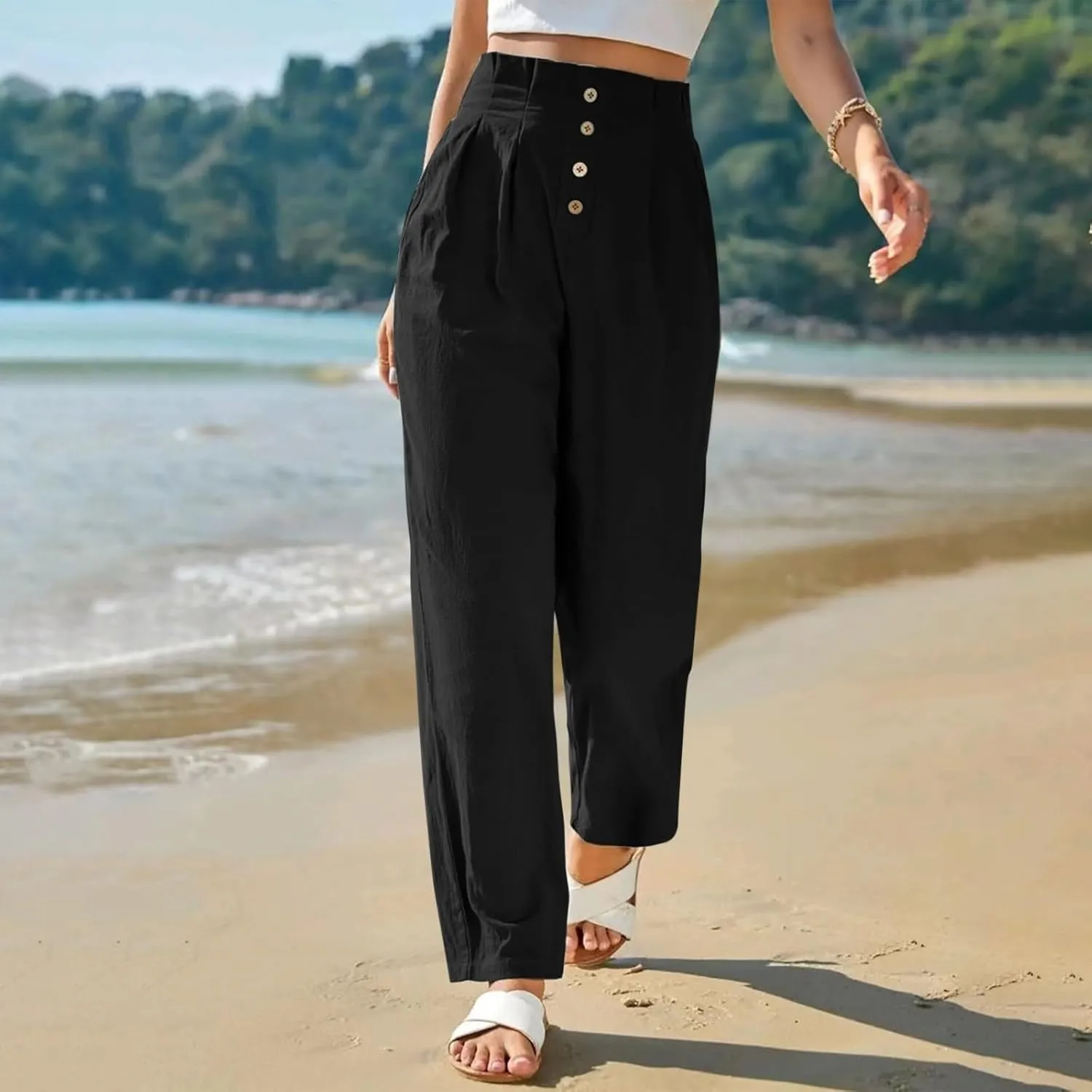 Womens Linen Pants Summer High Waisted Work Pants Trousers Lightweight Paperbag Elastic Waist Pants with Pockets