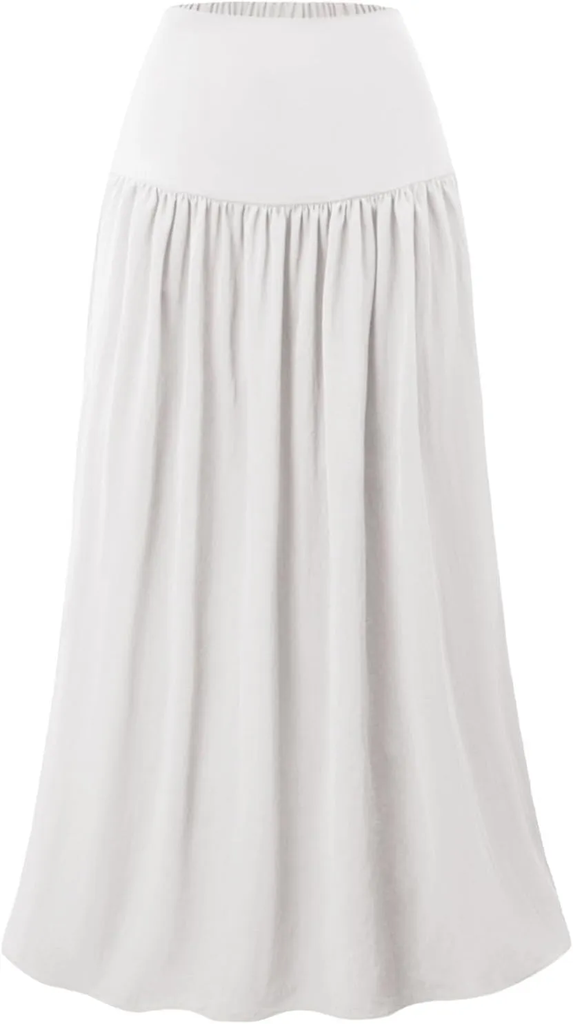 Women's Long Skirts Dressy Casual Maxi Skirt Summer Solid Color High Waist Pleated Wedding Guest Clothes with Pocket