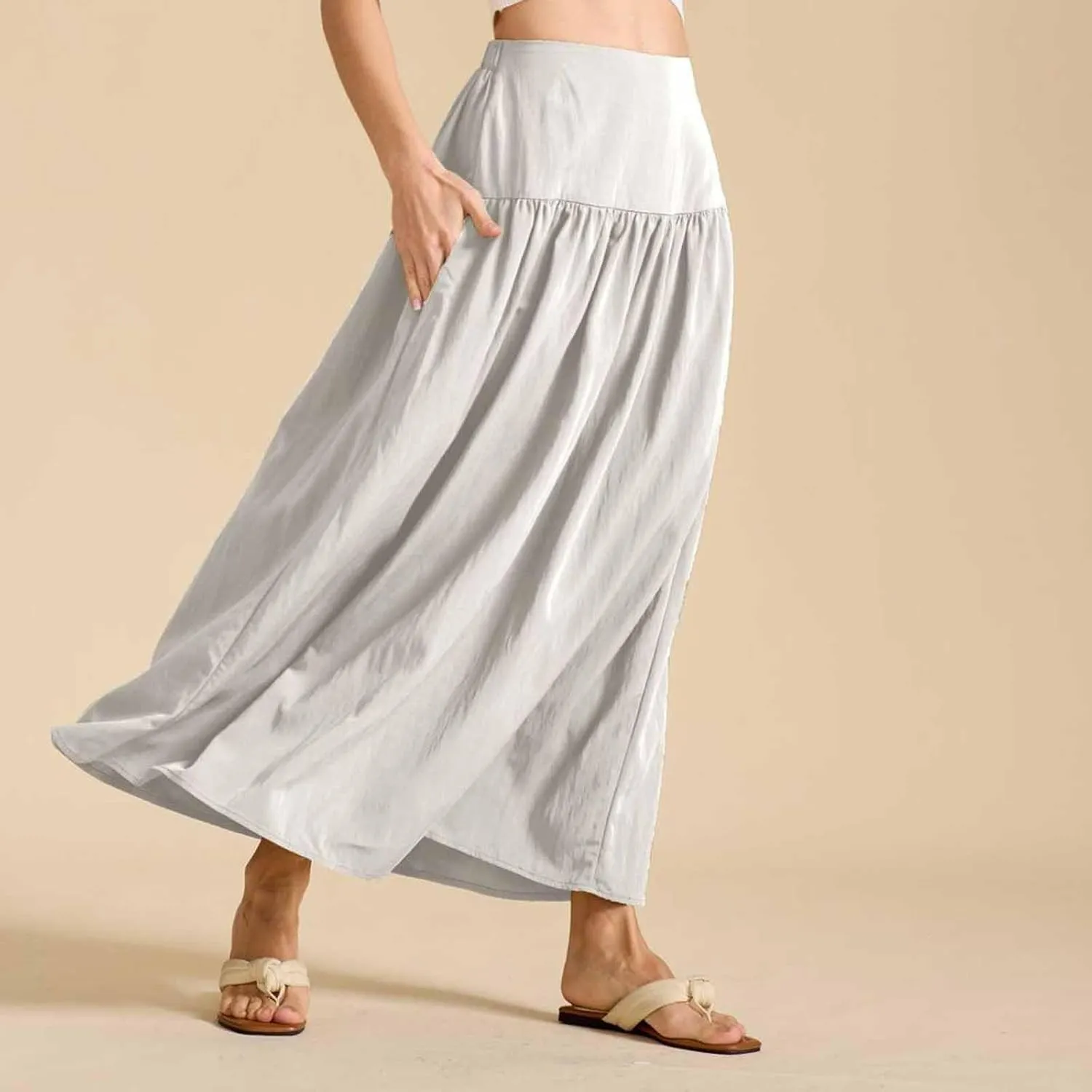 Women's Long Skirts Dressy Casual Maxi Skirt Summer Solid Color High Waist Pleated Wedding Guest Clothes with Pocket