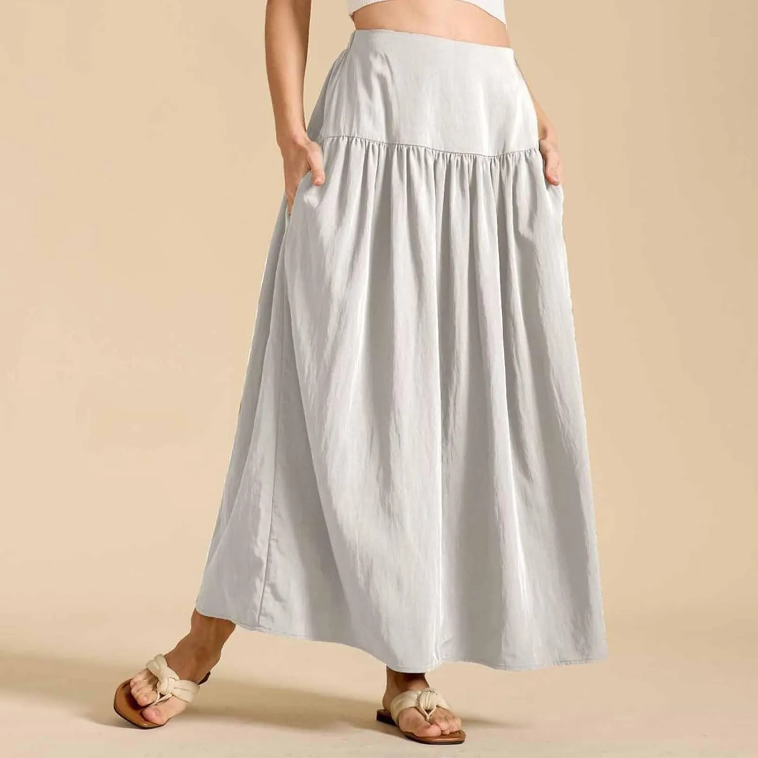 Women's Long Skirts Dressy Casual Maxi Skirt Summer Solid Color High Waist Pleated Wedding Guest Clothes with Pocket