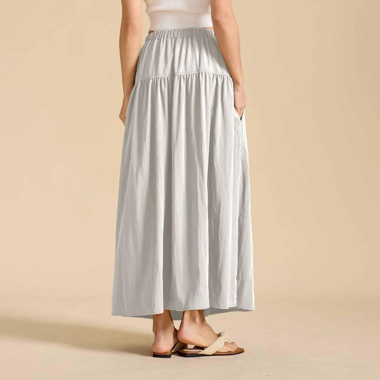 Women's Long Skirts Dressy Casual Maxi Skirt Summer Solid Color High Waist Pleated Wedding Guest Clothes with Pocket