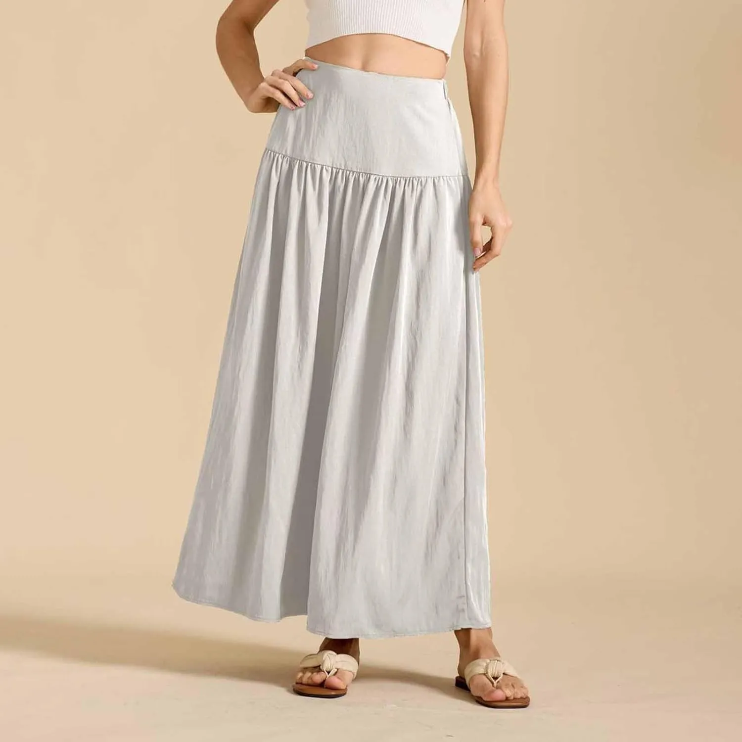 Women's Long Skirts Dressy Casual Maxi Skirt Summer Solid Color High Waist Pleated Wedding Guest Clothes with Pocket