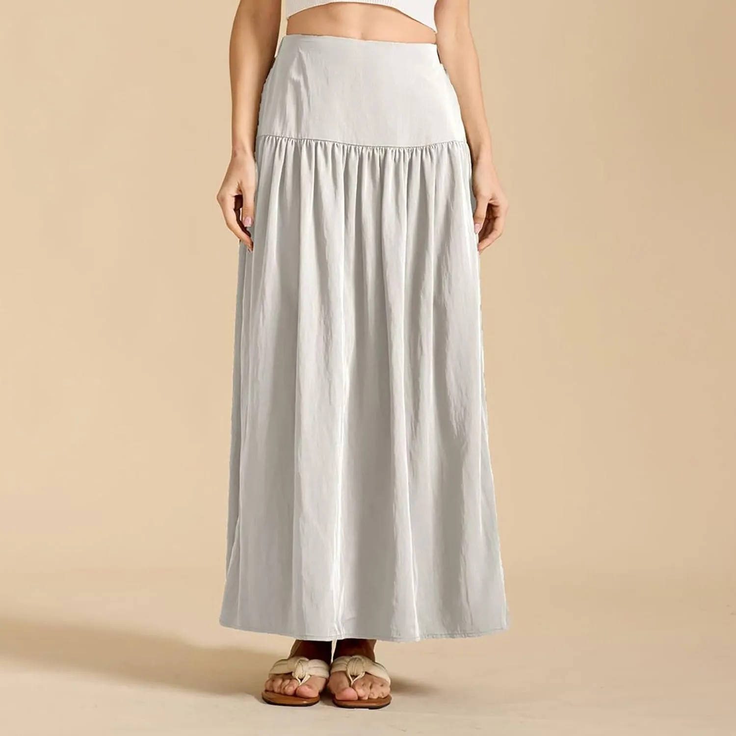 Women's Long Skirts Dressy Casual Maxi Skirt Summer Solid Color High Waist Pleated Wedding Guest Clothes with Pocket