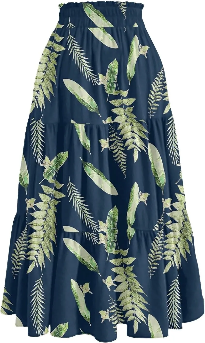 Womens Long Skirts Floral Print Boho Maxi Skirts Summer Pleated Elastic High Waist Drawstring Flowy Skirt with Pocket