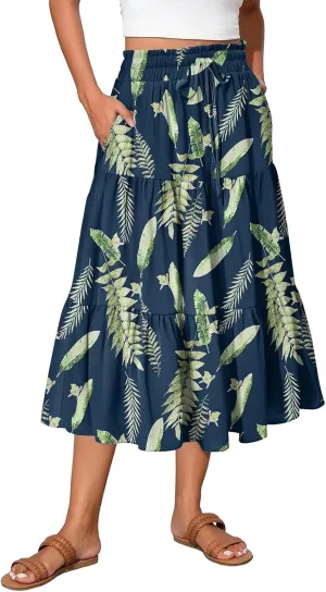 Womens Long Skirts Floral Print Boho Maxi Skirts Summer Pleated Elastic High Waist Drawstring Flowy Skirt with Pocket