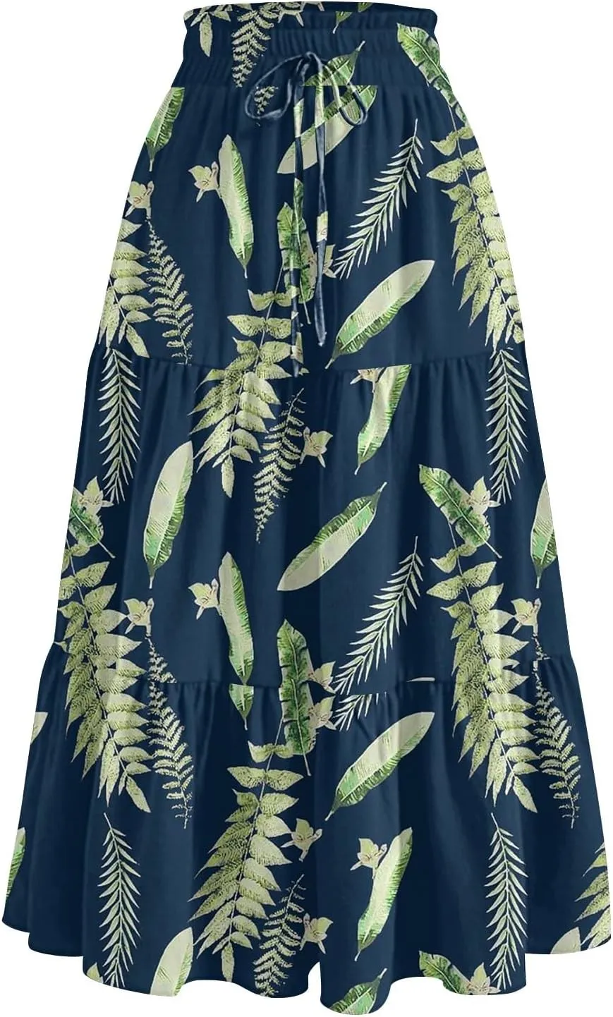 Womens Long Skirts Floral Print Boho Maxi Skirts Summer Pleated Elastic High Waist Drawstring Flowy Skirt with Pocket