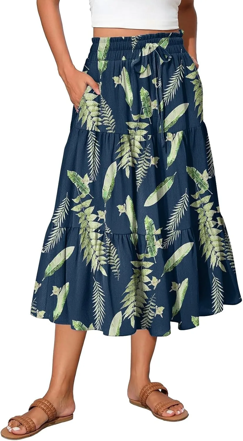 Womens Long Skirts Floral Print Boho Maxi Skirts Summer Pleated Elastic High Waist Drawstring Flowy Skirt with Pocket