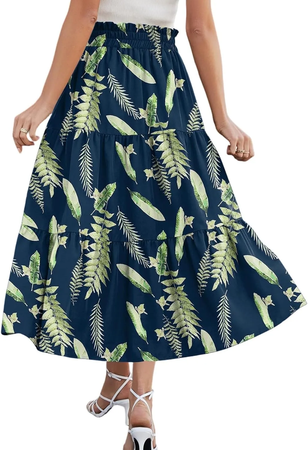 Womens Long Skirts Floral Print Boho Maxi Skirts Summer Pleated Elastic High Waist Drawstring Flowy Skirt with Pocket