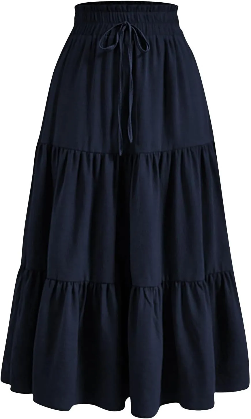 Womens Maxi Skirt Drawstring High Waisted Summer Long Skirts Lightweight Tiered Flowy Floral Pleated Skirts w/Pockets