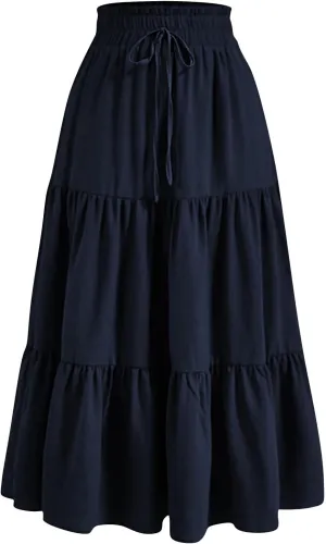 Womens Maxi Skirt Drawstring High Waisted Summer Long Skirts Lightweight Tiered Flowy Floral Pleated Skirts w/Pockets
