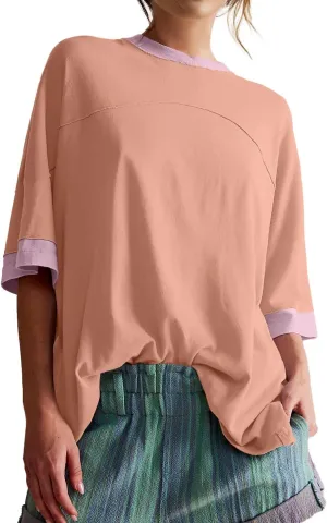Womens Oversized T Shirts Summer Casual Loose Fit Colorblock Tops Basic Short Sleeve Tee Shirts