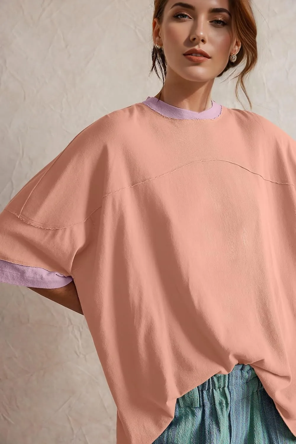Womens Oversized T Shirts Summer Casual Loose Fit Colorblock Tops Basic Short Sleeve Tee Shirts