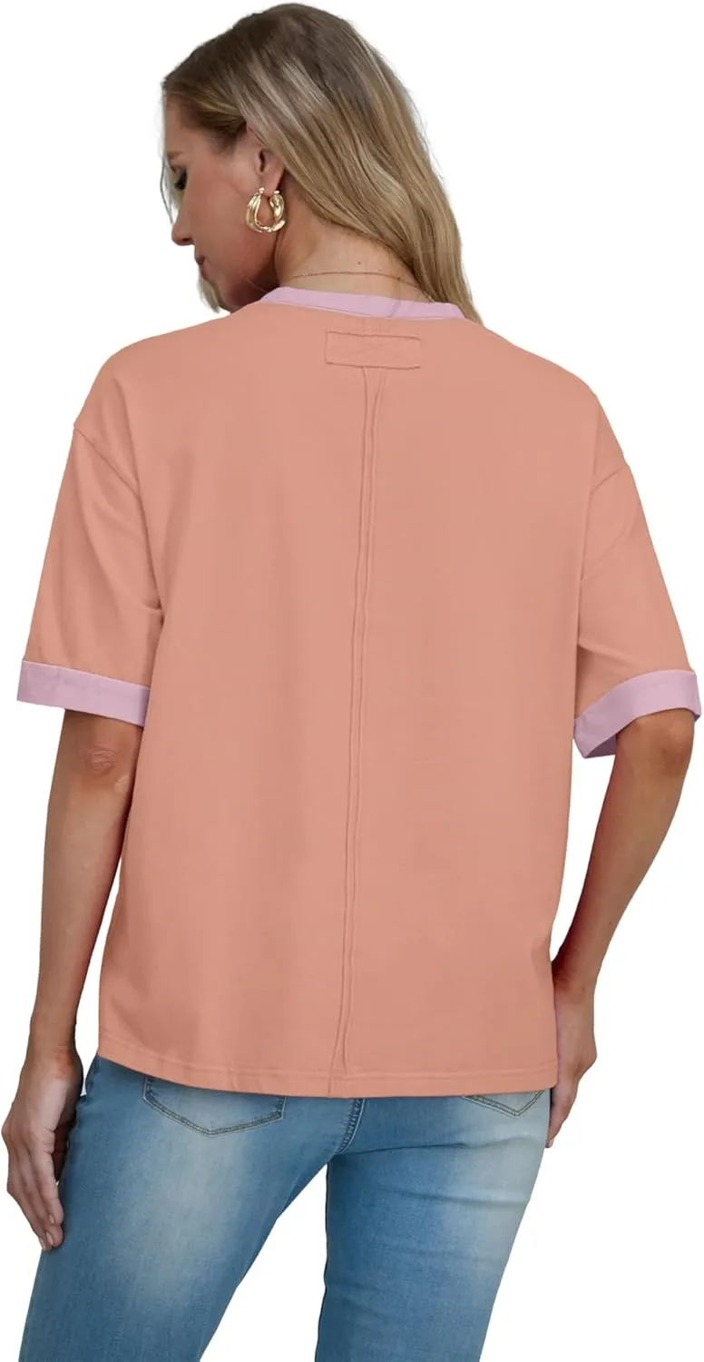 Womens Oversized T Shirts Summer Casual Loose Fit Colorblock Tops Basic Short Sleeve Tee Shirts