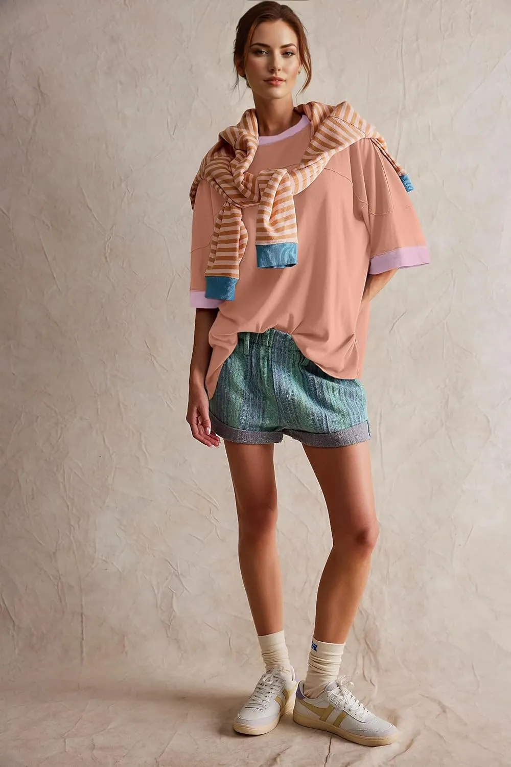 Womens Oversized T Shirts Summer Casual Loose Fit Colorblock Tops Basic Short Sleeve Tee Shirts