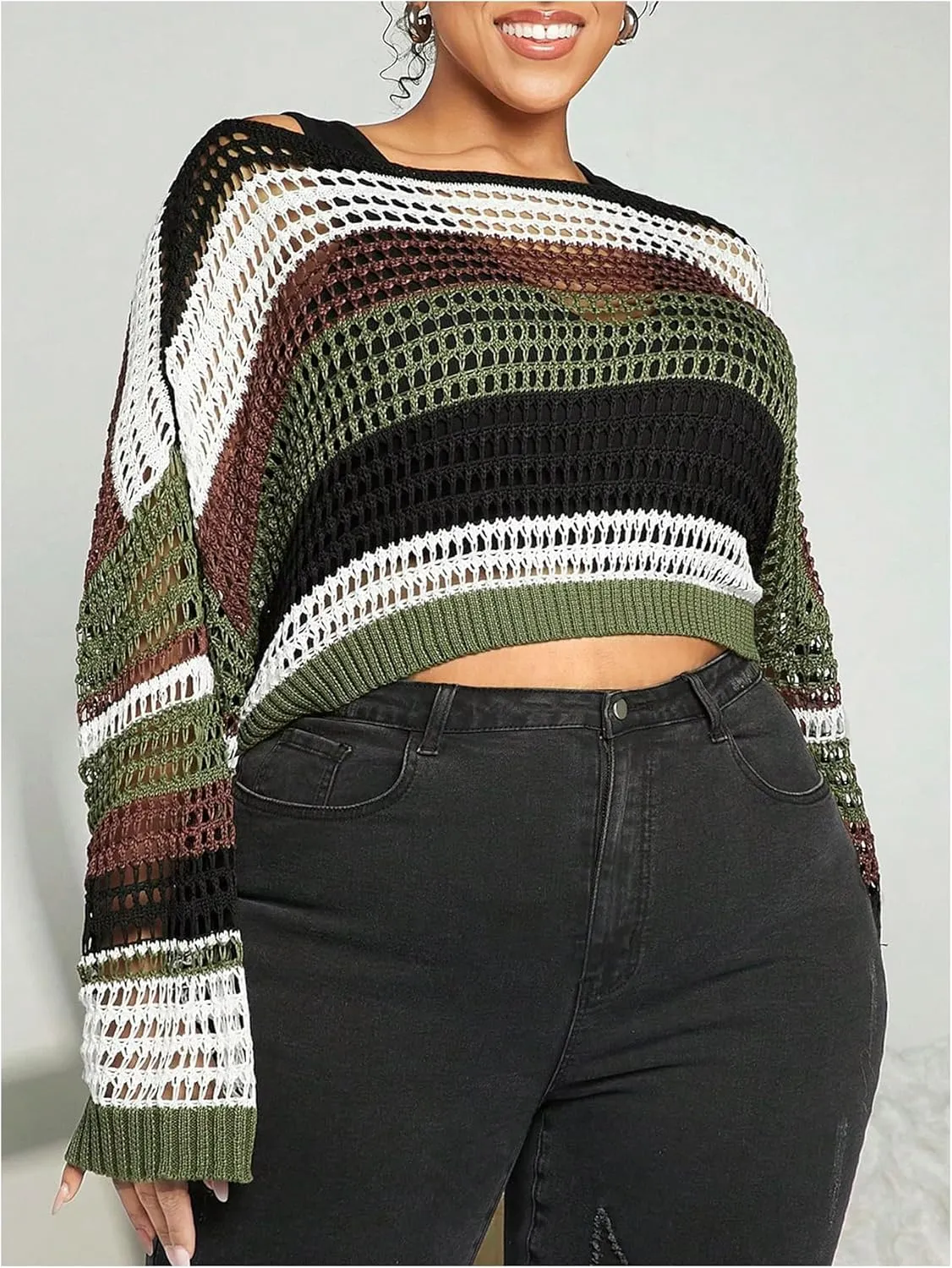 Women's Plus Size Color Block Striped Hollow Out Crop Sweater Long Sleeve Knit Pullover Tops