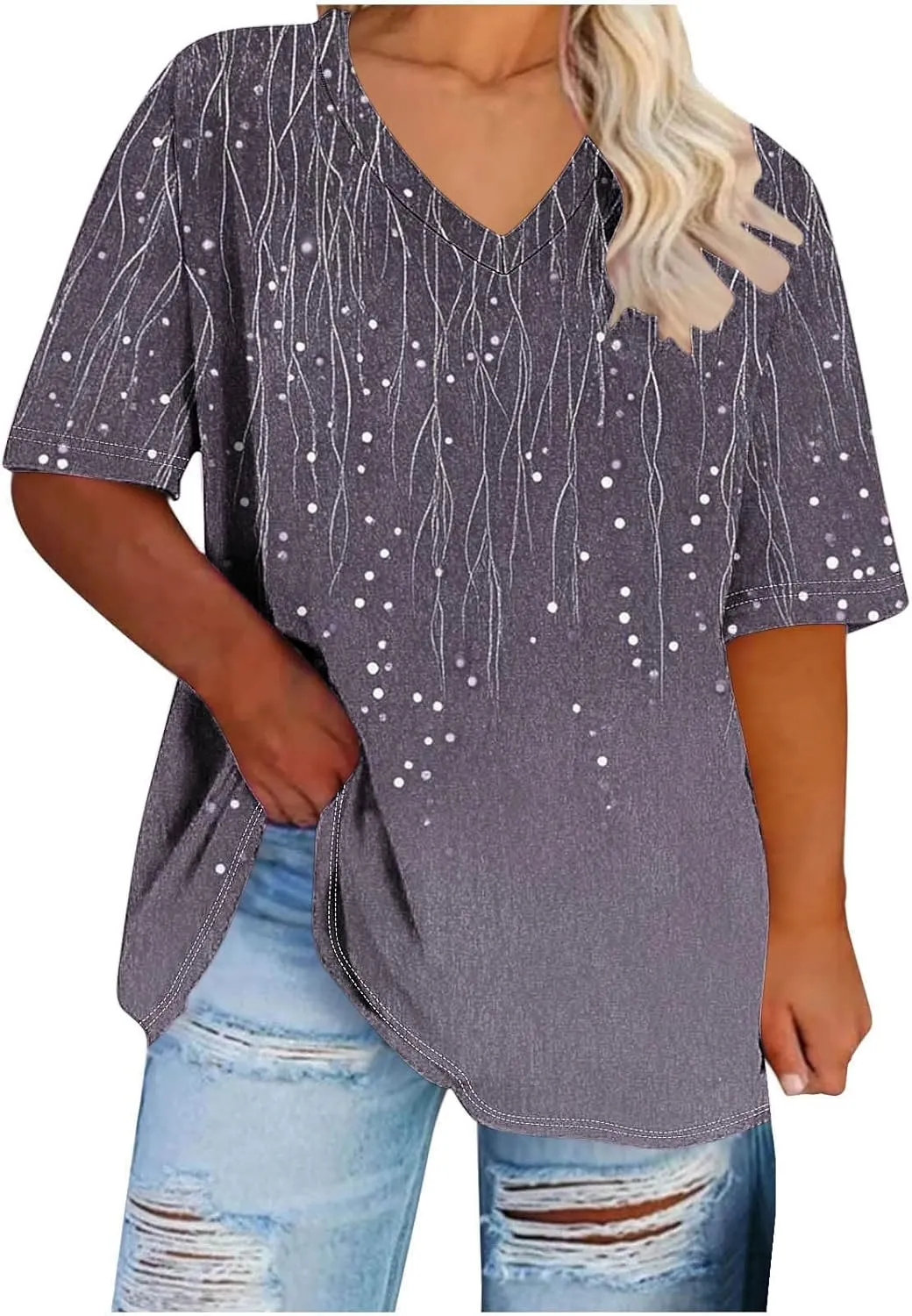 Womens Plus Size Tops Short Sleeve Tunic V-Neck Shirts Summer Casual Loose Blouse 3D Graphic Tees Tops
