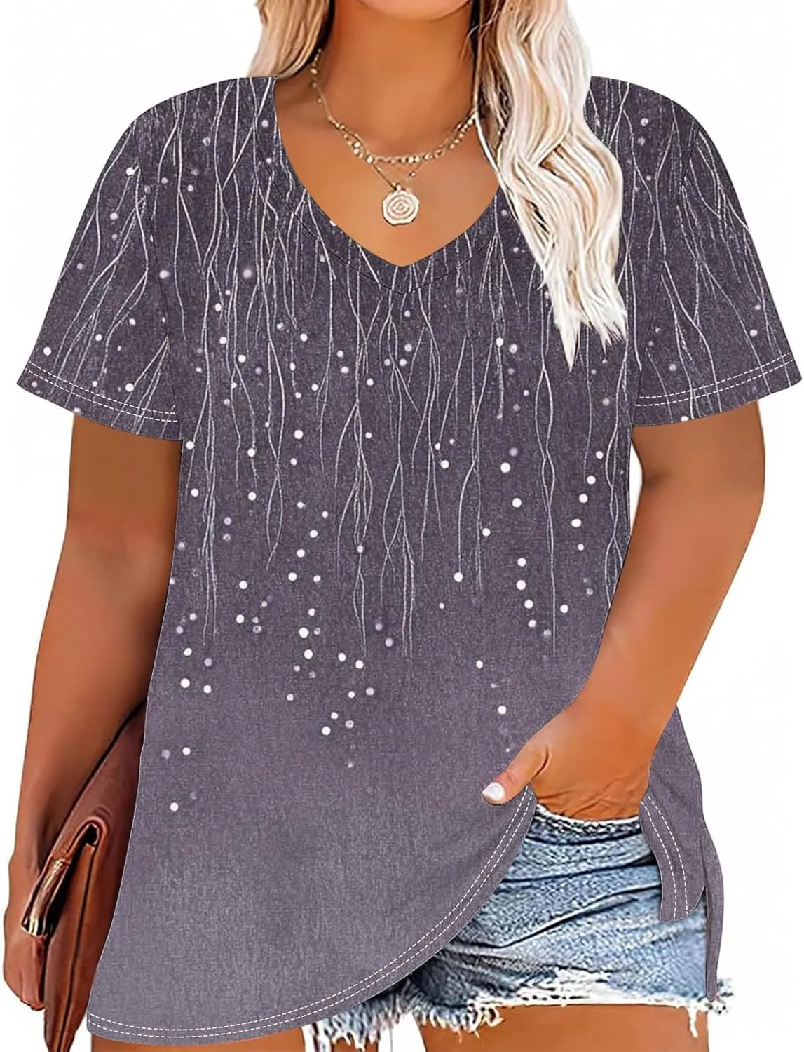 Womens Plus Size Tops Short Sleeve Tunic V-Neck Shirts Summer Casual Loose Blouse 3D Graphic Tees Tops