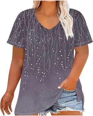 Womens Plus Size Tops Short Sleeve Tunic V-Neck Shirts Summer Casual Loose Blouse 3D Graphic Tees Tops