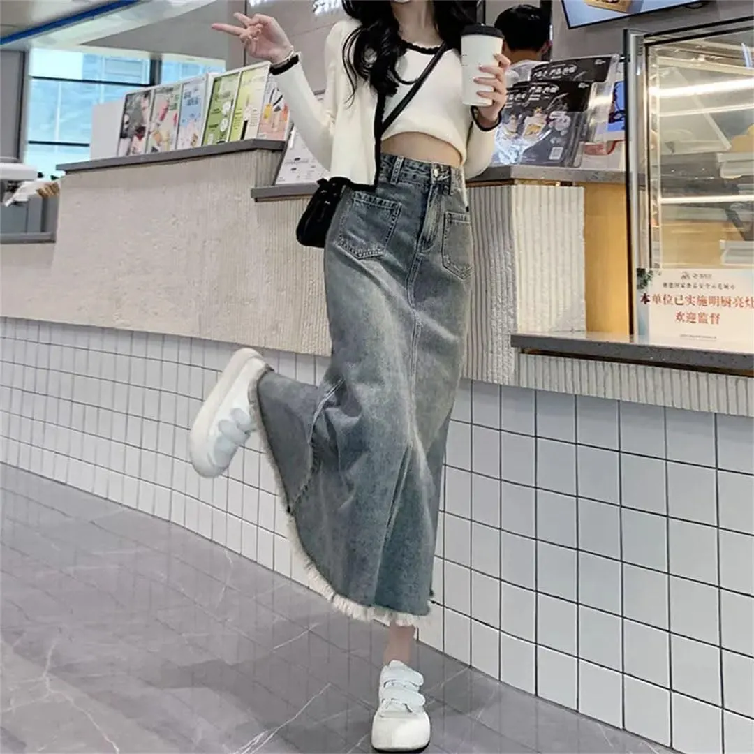 WomenS Retro High Waist Denim Skirts Mid Length Denim Woman Skirt Slim A-Line Fishtail Buttock Wrapped Jeans Skirts