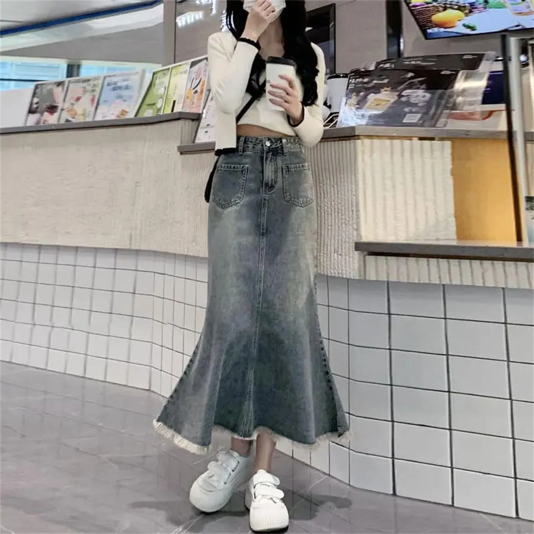 WomenS Retro High Waist Denim Skirts Mid Length Denim Woman Skirt Slim A-Line Fishtail Buttock Wrapped Jeans Skirts