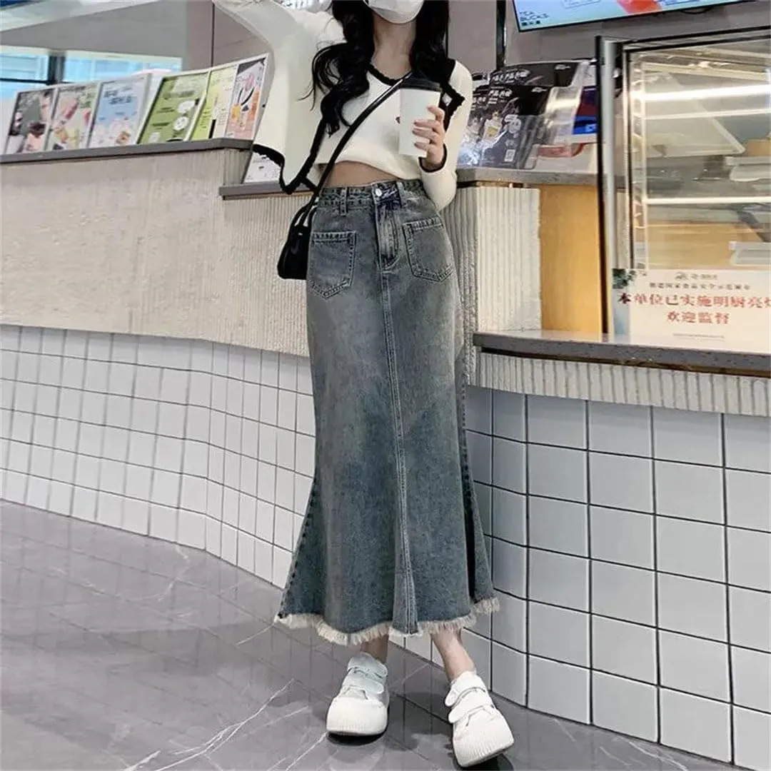 WomenS Retro High Waist Denim Skirts Mid Length Denim Woman Skirt Slim A-Line Fishtail Buttock Wrapped Jeans Skirts
