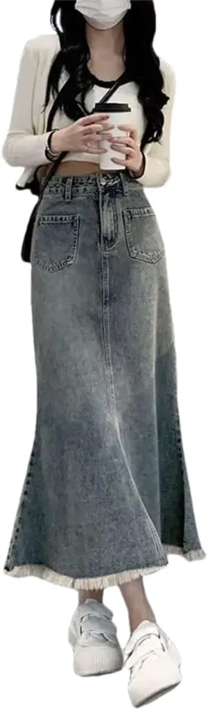 WomenS Retro High Waist Denim Skirts Mid Length Denim Woman Skirt Slim A-Line Fishtail Buttock Wrapped Jeans Skirts