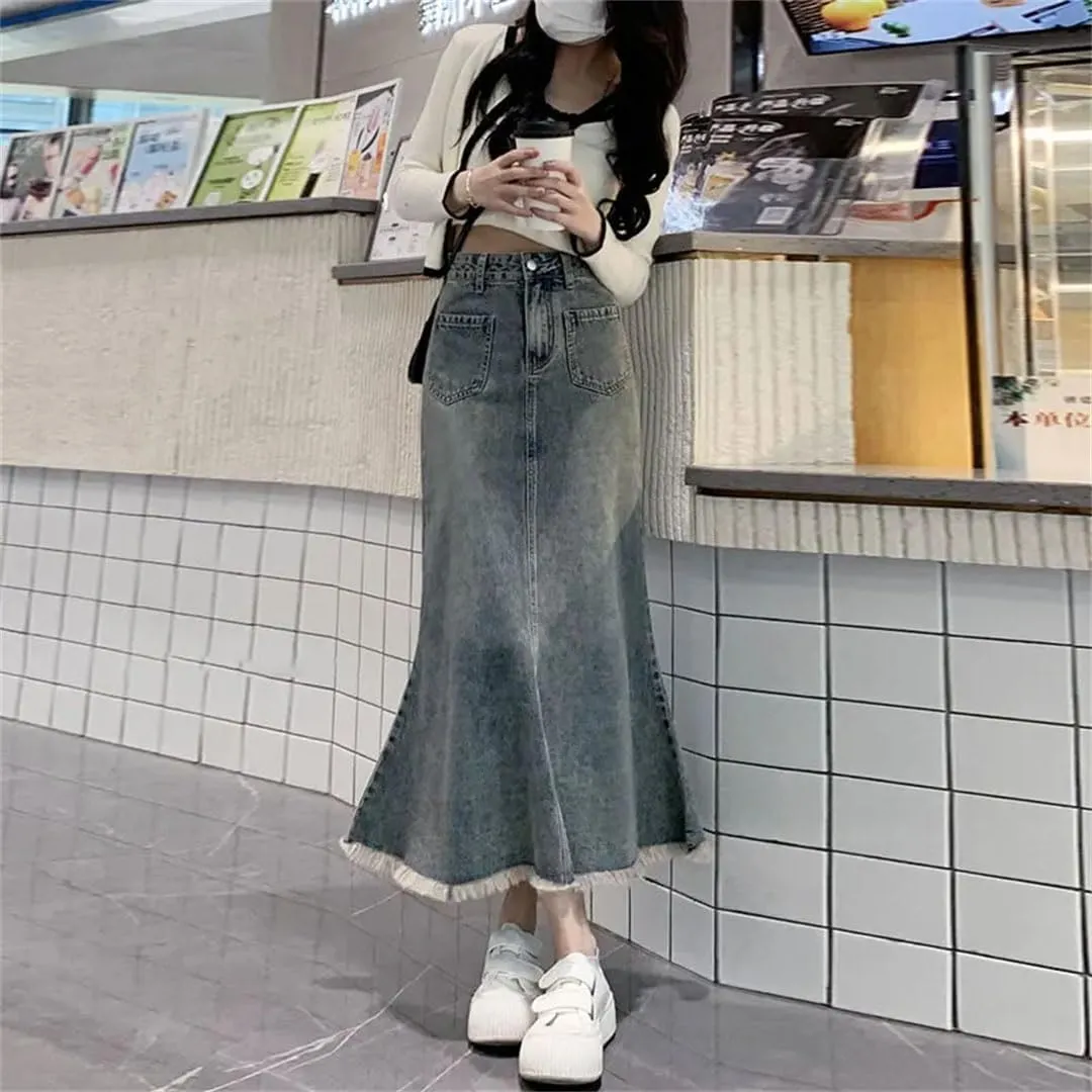 WomenS Retro High Waist Denim Skirts Mid Length Denim Woman Skirt Slim A-Line Fishtail Buttock Wrapped Jeans Skirts