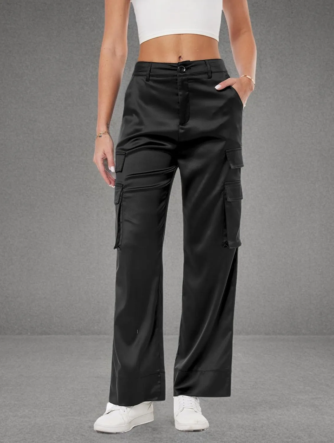 Women's Satin Cargo Wide Leg Pants Silky Party Dressy Casual Pocketed Pant Long Trouser