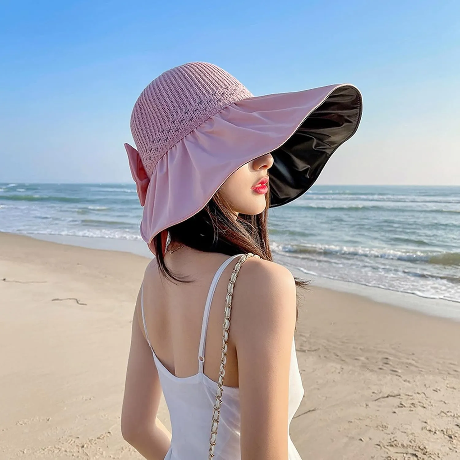 Womens Straw Wide Brim Sun Hats Outdoor Casual Bow Solid Colors Beach Hat Summer Travel Vacation Visor Hat