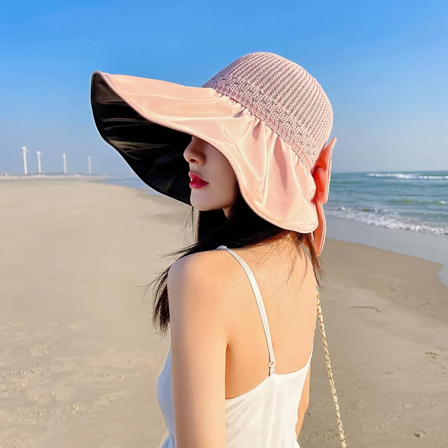 Womens Straw Wide Brim Sun Hats Outdoor Casual Bow Solid Colors Beach Hat Summer Travel Vacation Visor Hat