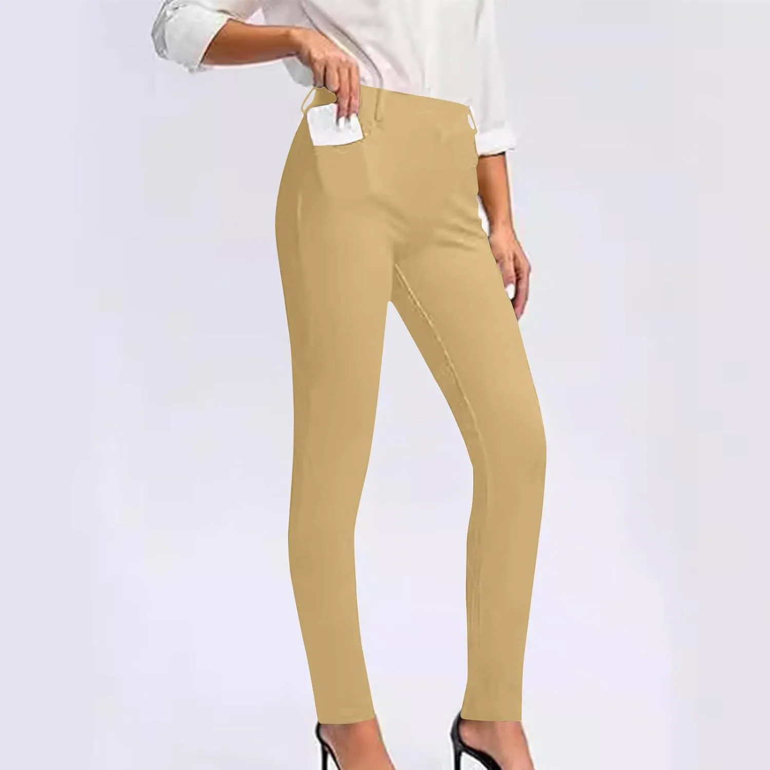 Women's Stretchy Dress Pants Slim Fit Straight Leg Office Pants Tummy Control High Waisted Trousers Slacks