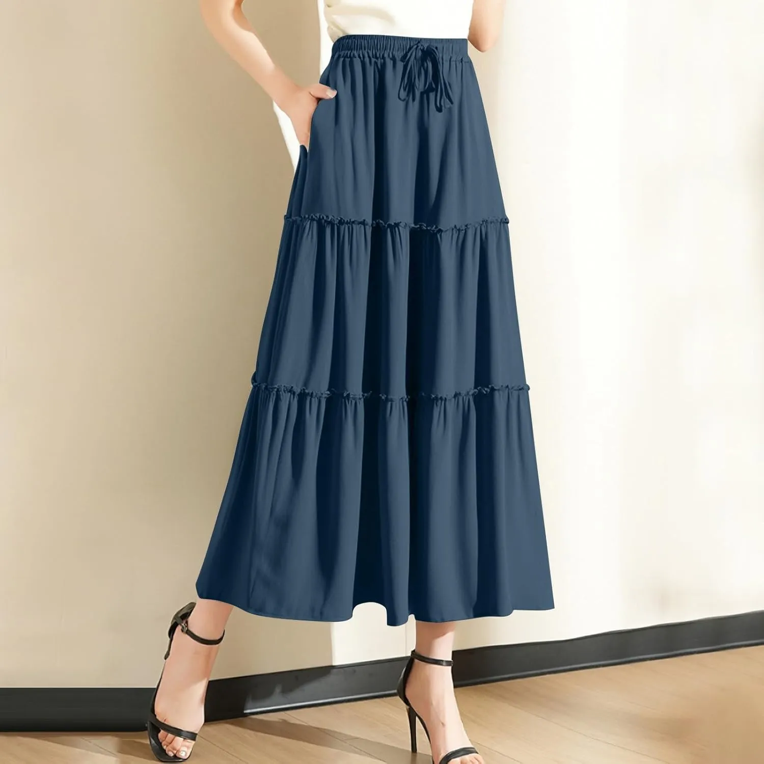Womens Summer Boho Flowy Swing Tiered Maxi Skirt with Pocket 2025 Fashion Elastic Waist Pleated Long Beach Outfits