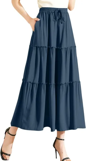 Womens Summer Boho Flowy Swing Tiered Maxi Skirt with Pocket 2025 Fashion Elastic Waist Pleated Long Beach Outfits